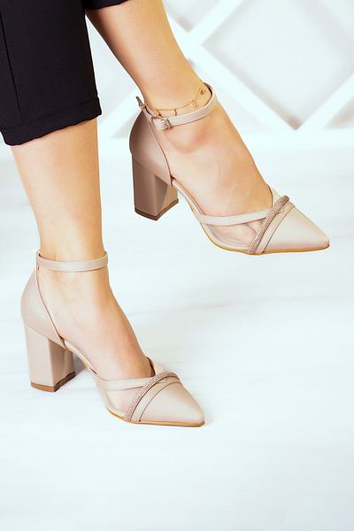 Erkan Saçmacı Molly Ten Satin Pointed Toe Stone Mesh Pantofi de seară cu toc gros