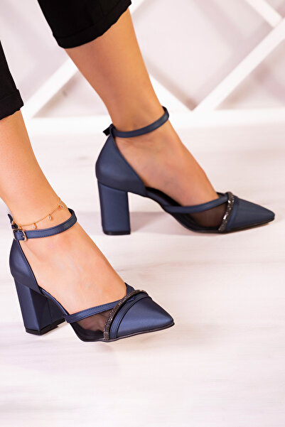 Erkan Saçmacı Molly Navy Blue Satin Stone Mesh Thick Heeled Shoes 7 Cm