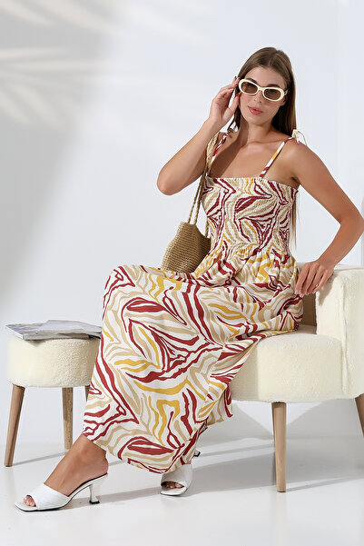 Moda ferfa Women's Gipeli Shoulder-Tied Patterned Dress -Beige