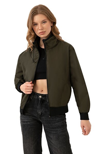 freemen Sports Women's Khaki Stand Collar Water and Windproof Oversize Crop Seasonal Raincoat Windbreaker