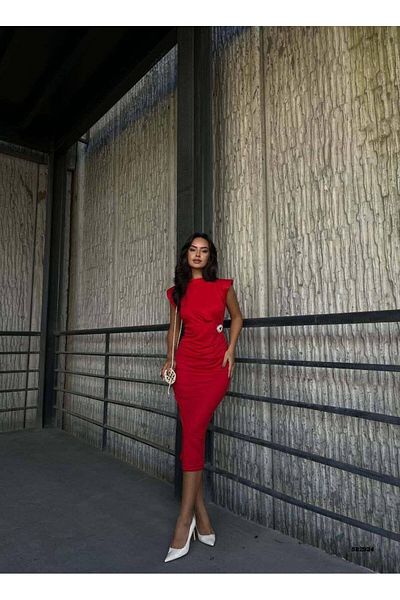 Modafeminen Brooch Stand Collar Midi Length Evening Dress 582934