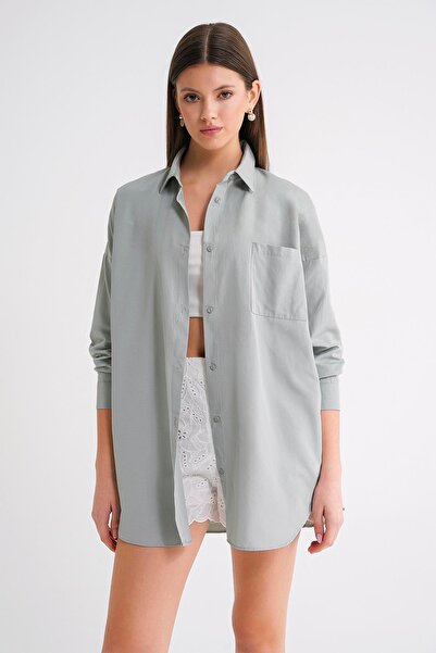 Mixray 4053 Women's Single Pocket Oversize Basic Shirt Mint
