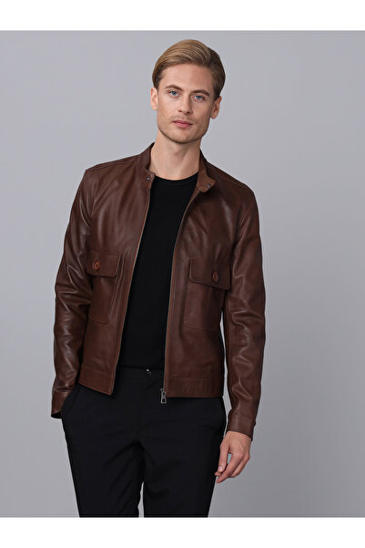 Basics&More سترة جلدية بنية للرجال