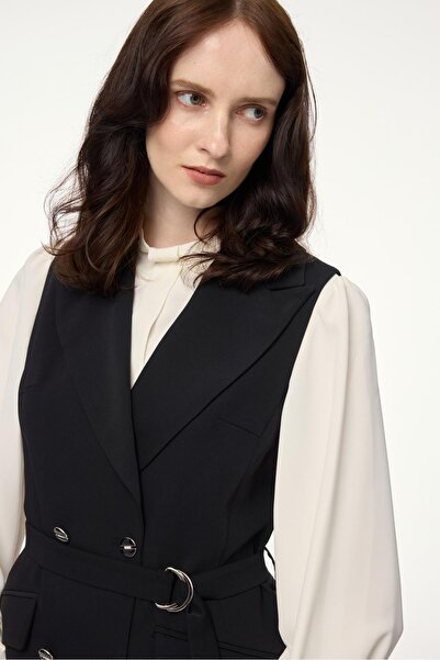 Zühre Double Breasted Collar Belted Black Triple Combination Suit Tk-0911