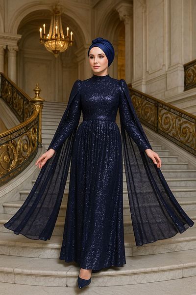 Neva Style Rochie de seară hijab cu paiete albastru bleumarin cu detaliu de pelerină 47551l