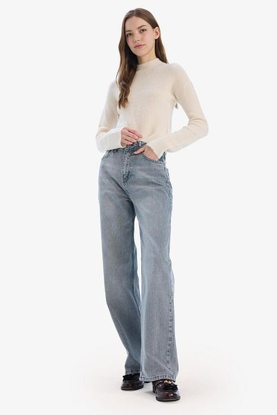 DeFacto Straight Wide High Waist Long Jeans Washed Pants E3185Ax25Sp