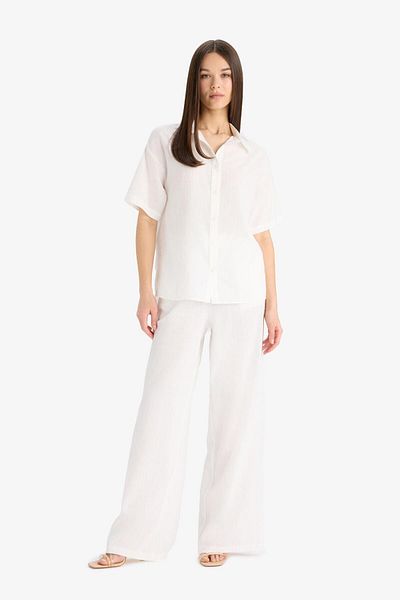 DeFacto Pantaloni palazzo albi cu talie înaltă elastică cu buzunare cu picioare largi A9129ax25sm