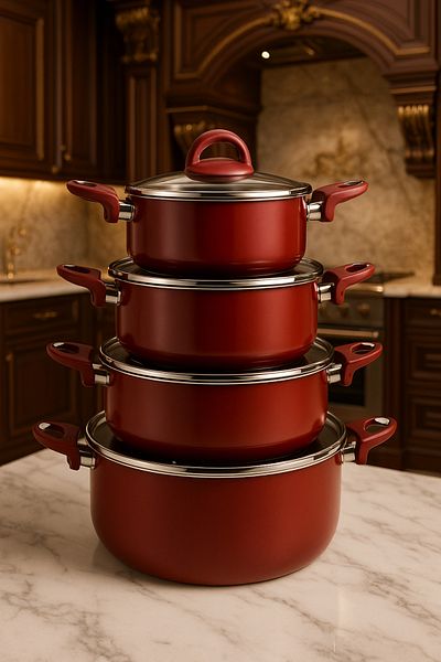 ALSAIF Vetro 8 Pieces Stainless Steel Casserole Cookware Set Red 30cm
