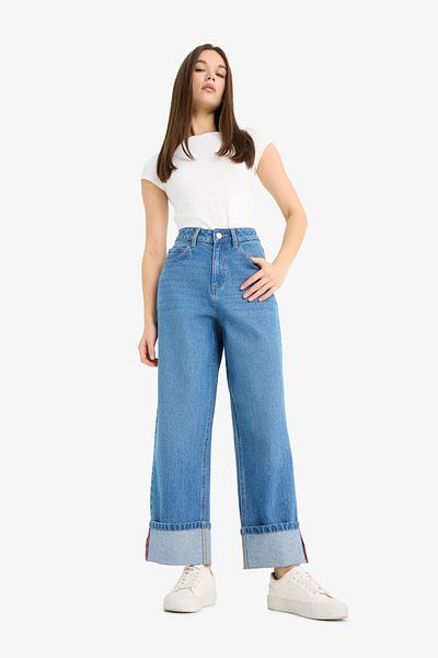 DeFacto Pantaloni de spălat cu zăpadă, cu talie înaltă, cu picioare drepte, lungi, E7776AX25AU