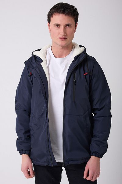 freemen Αθλητικά ανδρικά παλτό με κουκούλα Navy Blue Shearling, αδιάβροχο και αντιανεμικό και παλτό & Parka