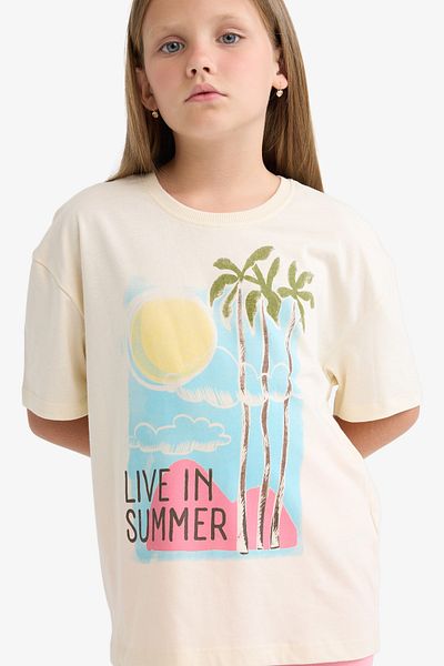 DeFacto Girls' Relax Fit Crew Neck Printed Short Sleeve T-Shirt E0353A825Sm