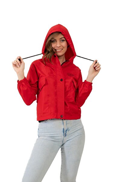 freemen Women's Red Waterproof and Wind-Resistant Hooded Snap Fastener Seasonal Raincoat