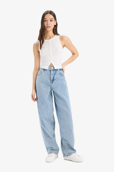 DeFacto Pantaloni largi, cu talie înaltă, spălați cu blugi E3187AX25SP