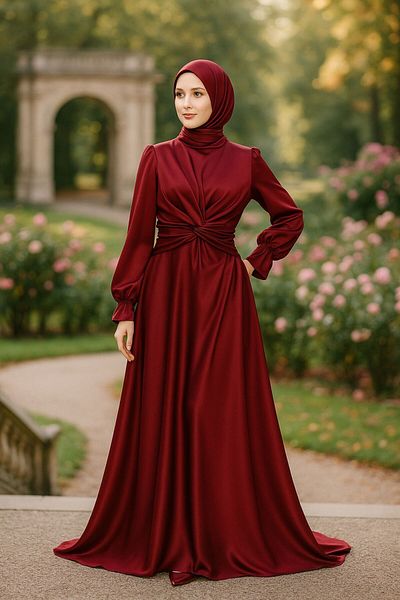 Neva Style Βραδινό φόρεμα Crepe Satin Burgundy Hijab 3389br