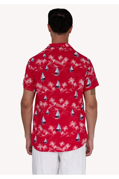 Exve Exclusive Red Blue White Sailor Sailing Printed Hawaiian Oversize Relaxed Fit Short Sleeve Loose Shirt