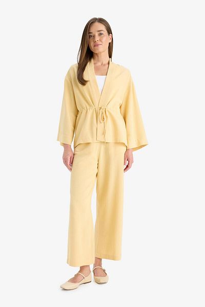 DeFacto Flexible Waisted Lace-Up Straight Leg Linen Blend Capri E6109Ax25Hs
