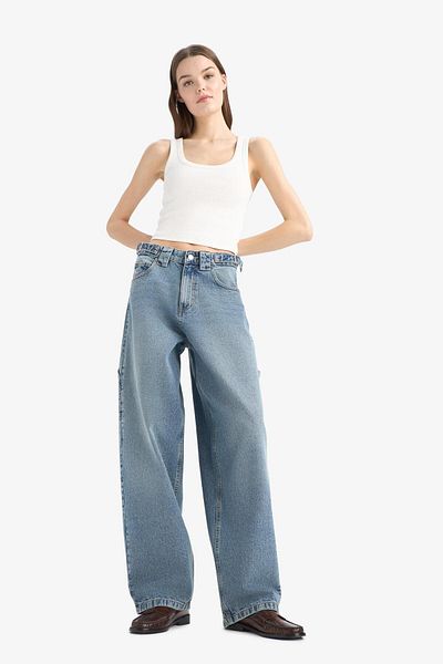 DeFacto Carpenter Fit Pantaloni lungi cu talie înaltă, cu picioare lungi, cu spălare de zăpadă E7783AX25AU