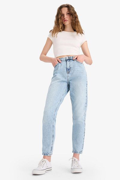 DeFacto Lina Lina Mom Fit Σχισμένο Λεπτομερές Ψηλόμεσο ίσιο παντελόνι μακρύ τζιν E1972AX25HS