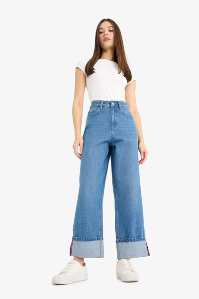 DeFacto Pantaloni de spălat cu zăpadă, cu talie înaltă, cu picioare drepte, lungi, E7776AX25AU