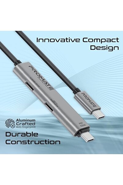 Promate كابل 3 في 1 من النوع C مع موصل USB-C شحن 100 وات، نقل سريع للبيانات، شحن فعال