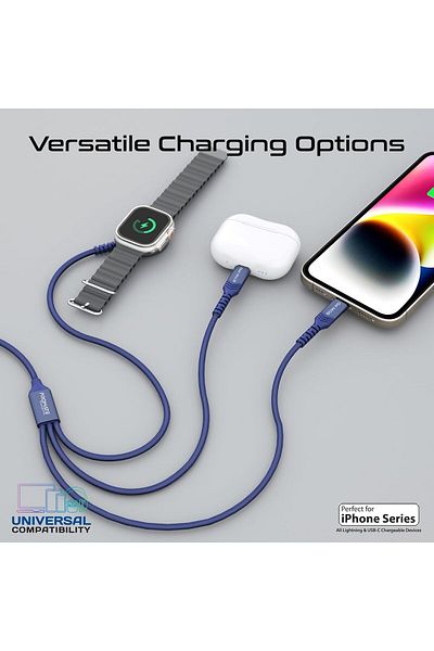 Promate كابل شحن متعدد 3 في 1، فائق السرعة 60 واط من USB-C™ إلى USB-C™، موصل Lightning 27 واط