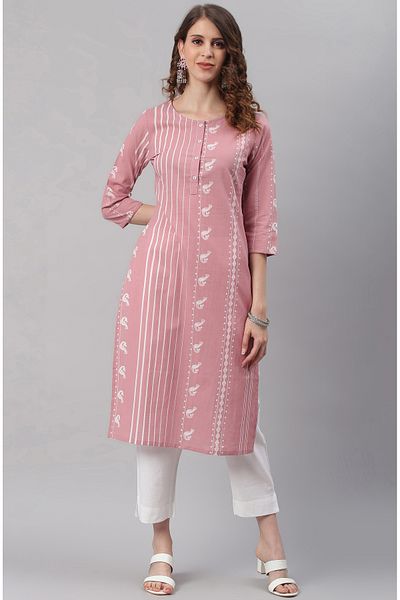 IndHeritage Premium cotton office / casual kurti - Beige kurti / kurta for women with white ethnic prints