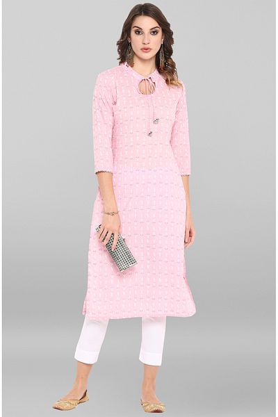IndHeritage Premium cotton office / casual kurti - Light pink kurti / kurta for women with ethnic prints