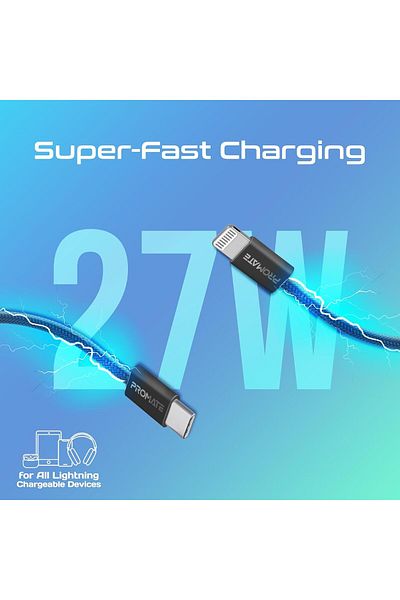 Promate USB-C™ to Lightning Cable, Ultra-Fast 27W Power Delivery, 480Mbps Data Sync, Super-Slim Co