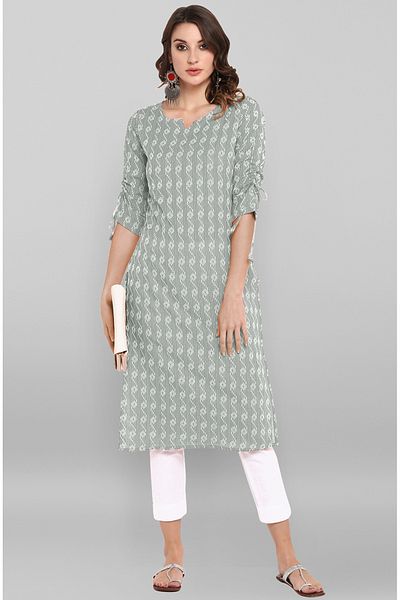 IndHeritage Premium cotton office / casual kurti - Light grey kurti / kurta for women with white ethnic prints