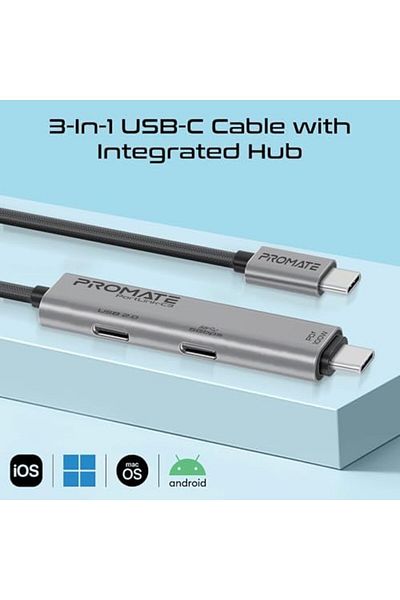 Promate 3-in-1 Type-C Cable with USB-C Connector 100W Charging, Fast Data Transfer, Efficient Chargi