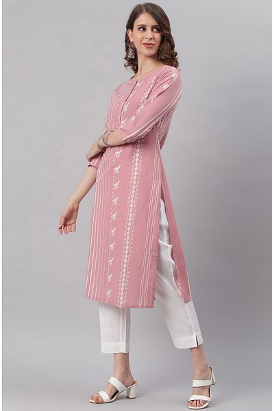 IndHeritage Premium cotton office / casual kurti - Beige kurti / kurta for women with white ethnic prints