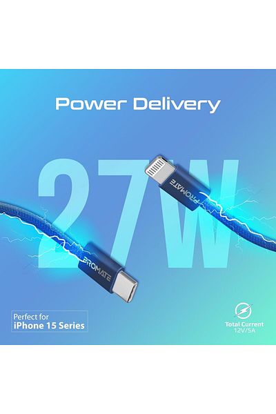 Promate USB-C™ to Lightning Cable, Ultra-Fast 27W Power Delivery, 480Mbps Data Sync, Super-Slim Co