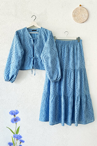 MODAQU Guipure Scalloped Lined Blouse Skirt Set - Baby Blue