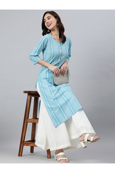 IndHeritage Premium cotton office / casual kurti - Light blue kurti / kurta for women with white ethnic prints