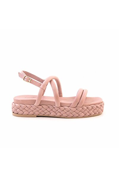 Rouge Kadın 5cm Örgü Detaylı Kauçuk Taban Deri Pudra Platform Sandalet 3056