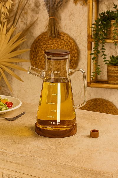 Kitchen Life Acacia Lid Self-Standing Borosilicate Glass Oil and Vinegar Dispenser 900 ml - Acacia Oil Dispenser