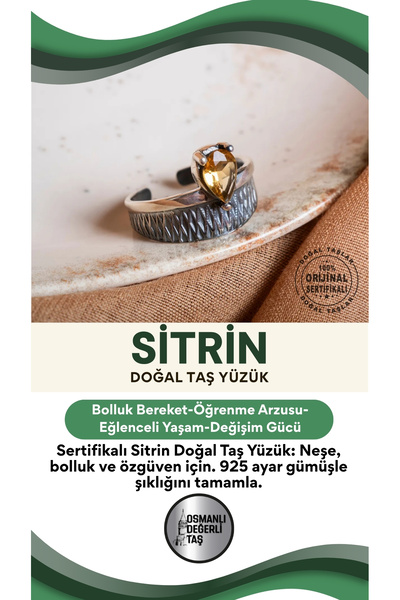 OSMANLI DEĞERLİ TAŞ SERTİFİKALI Sitrin Doğal Taş Yüzük (925 ayar gümüş )