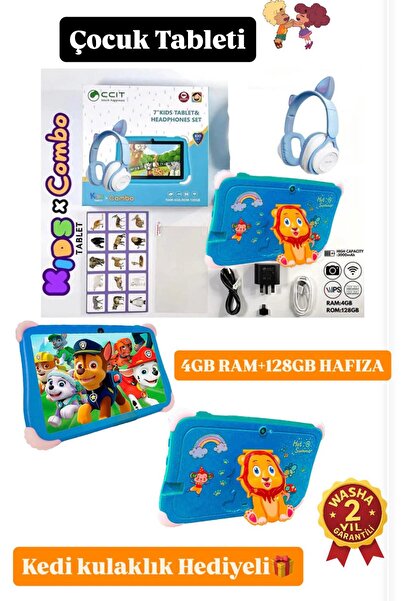 WASHA 7.0' HD Ekran KIDS TABLET 4 GB Ram+ 128 GB Hafıza Kulaklık Hediyeli Tablet Çocuk Tableti Set