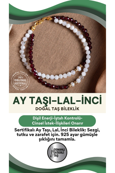 OSMANLI DEĞERLİ TAŞ SERTİFİKALI Ay Taşı Lal İnci Doğal Taş Bileklik 925 Ayar ...