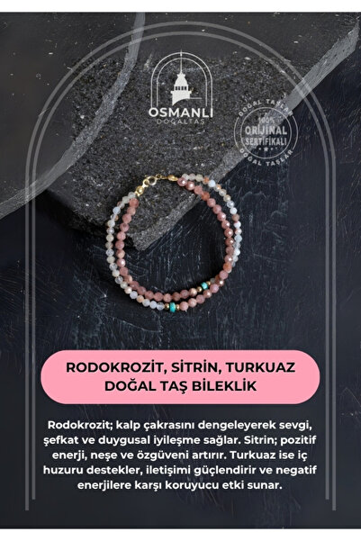 OSMANLI DOĞAL TAŞ Sertifikalı Rodokrozit, Sitrin, Turkuaz Doğal Taş Bileklik