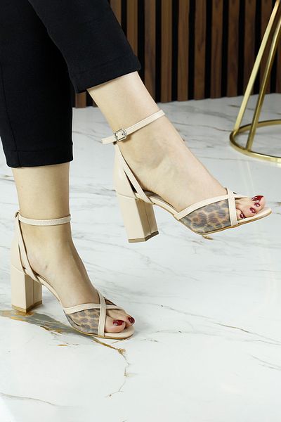 Erkan Saçmacı Charlotte Ten Leopard Cross Strap Mesh Toc gros Pantofi eleganti de seara