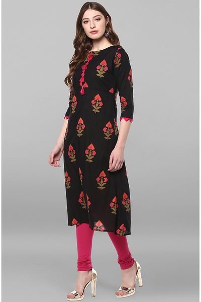 IndHeritage Premium cotton office / casual kurti - Black printed kurti / kurta for women - IDH00064