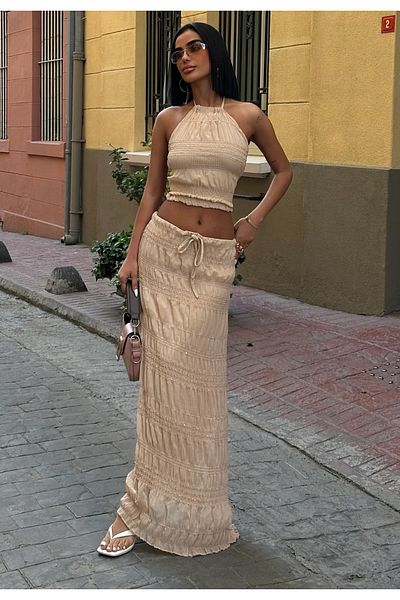 My Blog Ecru Sequin Chiffon Blouse Skirt Set