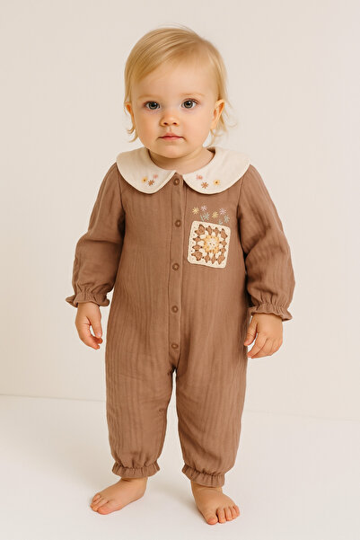 Motebarn Wear Kız Bebek Müslin Meksika İşlemeli Tulum Kahverengi