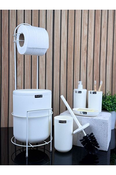 Okyanus Home White Mina Spare WC Paper Holder and 6 Piece Bathroom Set