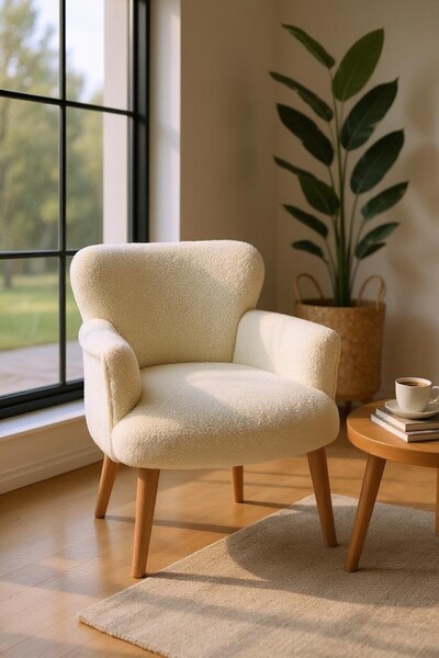 WATERYBROOK Berjer - Tekli Koltuk - Puffy - Teddy Kumaş - Ceviz Ayak - Krem