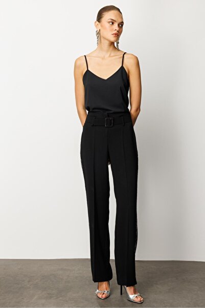 Moda İlgi Black Sequined Fashion Stripe Trousers - 7032