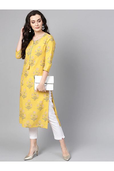 IndHeritage Premium cotton office / casual kurti - Yellow kurti / kurta for women with ethnic prints