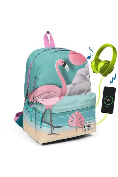 Coral High Flamingolu Üç Bölmeli Usb Şarjlı Kulaklık Çıkışlı Sırt Çantası 23423