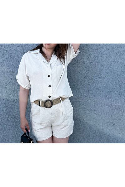 D'RECCY Women's Linen Shirt Straw Belt Linen Shorts Double Set